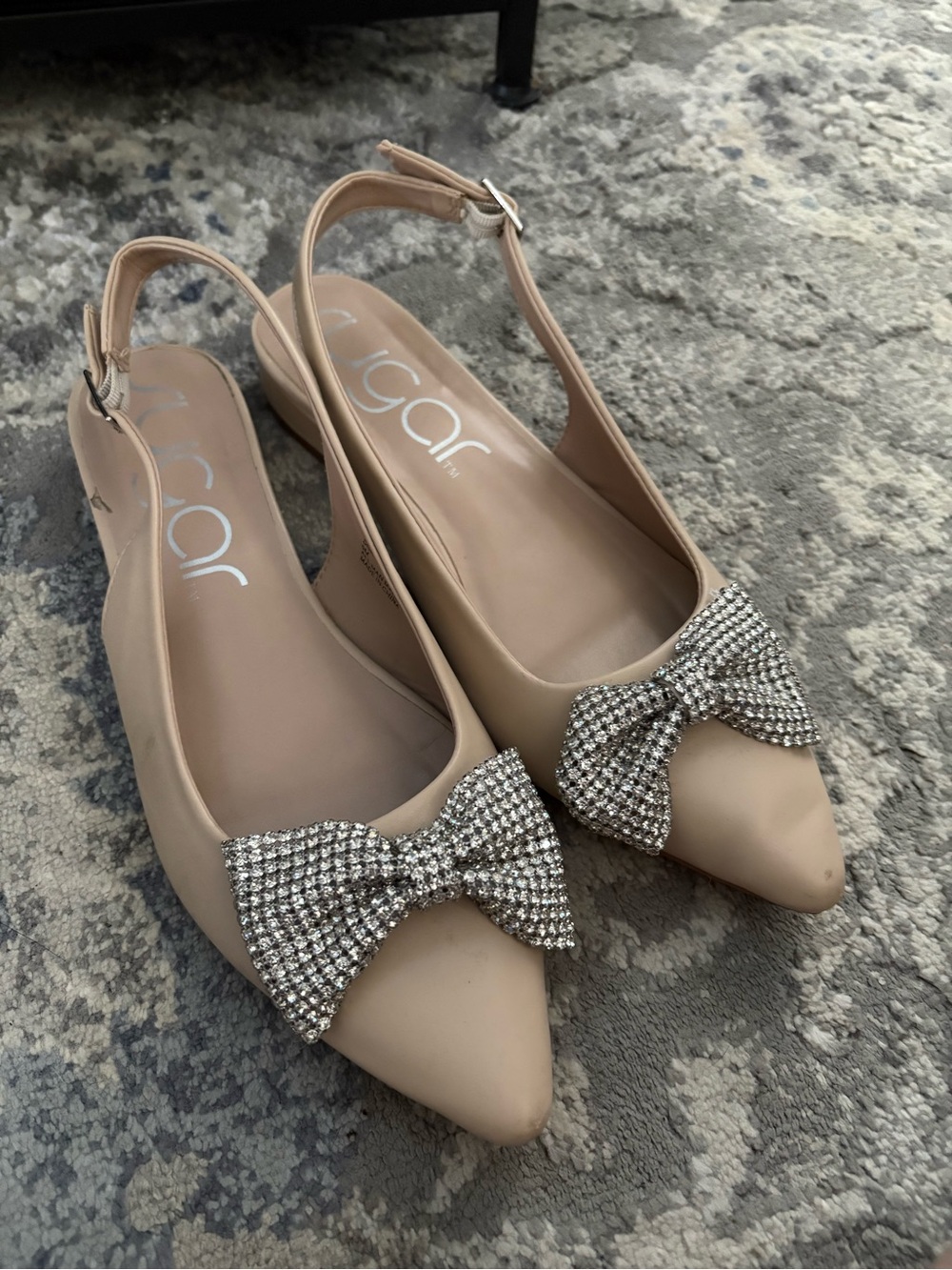 Sugar Nude Pointed Slingback Flats with Rhinestone Bow